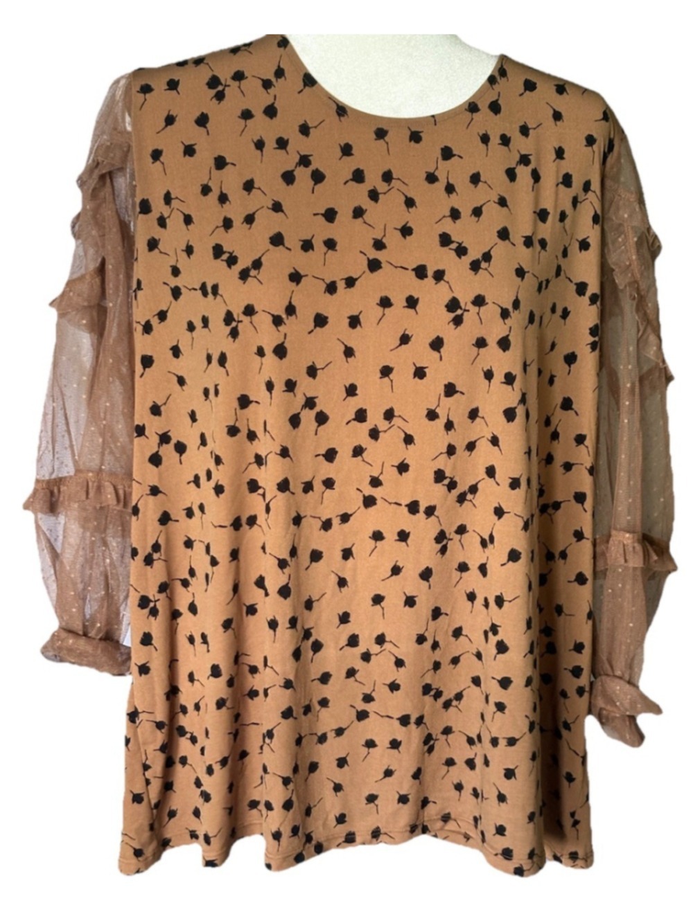 Cato Blouse 18/20W Plus Brown Floral Sheer Mesh Ruffle Sleeve Whimsigoth Top